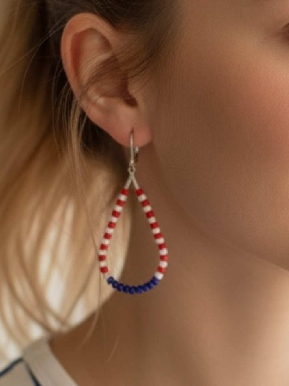 HAND CRAFTED PATRIOTIC RED WHITE BLUE TEARDROP HOOP EARRINGS Beaded 4th of July